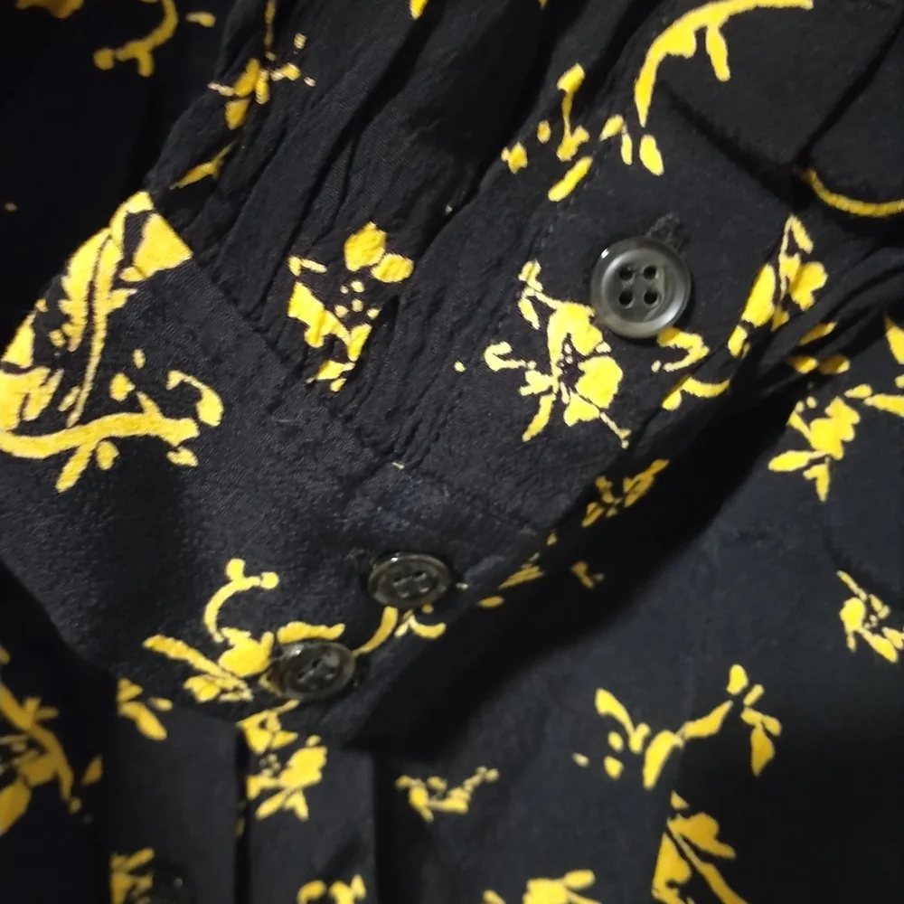 Ganni Black And Gold Floral Printed Crepe Mini Shirt Dress